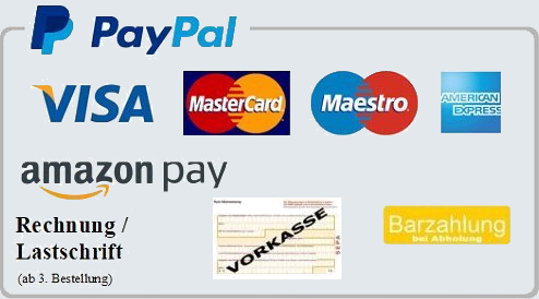 Zahlen Sie per Paypal, Amazon Pay, Vorkasse oder Bar in unserem Abholmarkt